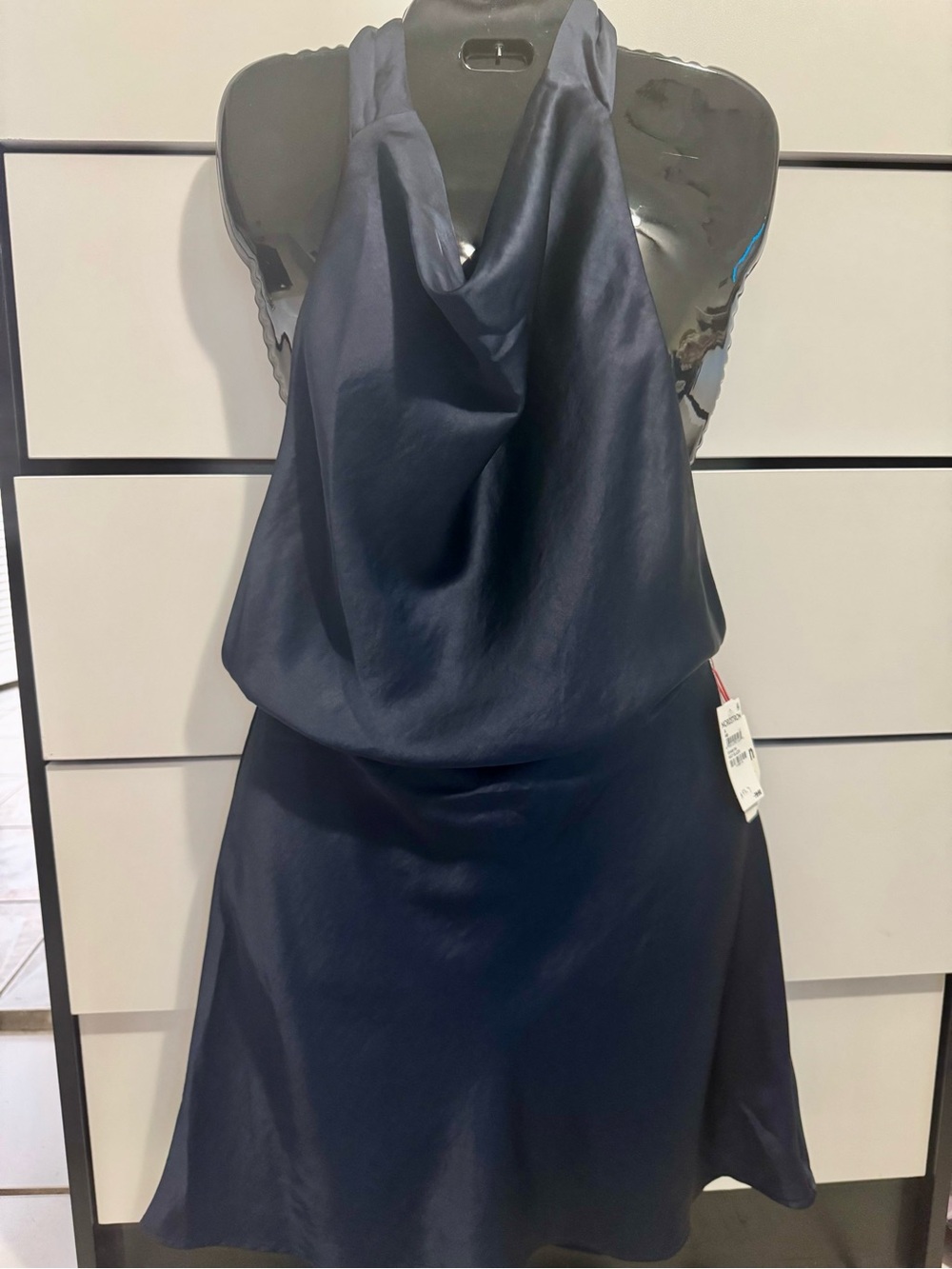Navy Satin Halter Mini Dress - Women's Evening